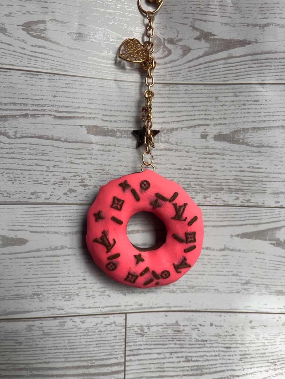 Gold Charm Pink Donut Keychain - Designer-Inspired 3D printed